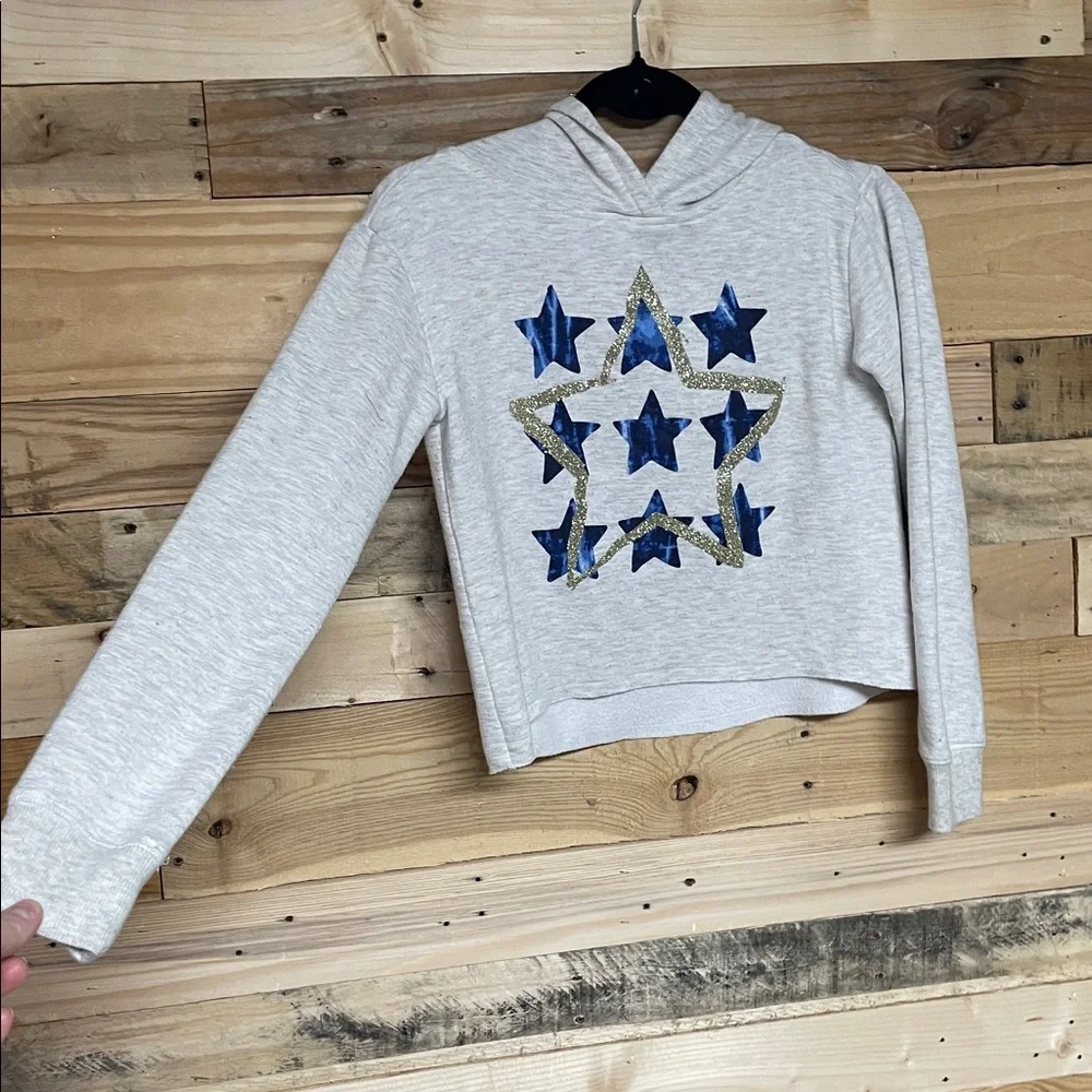 Justice Active size 10 Soft Gray Sparkly Graphic Stars Cropped Hoodie